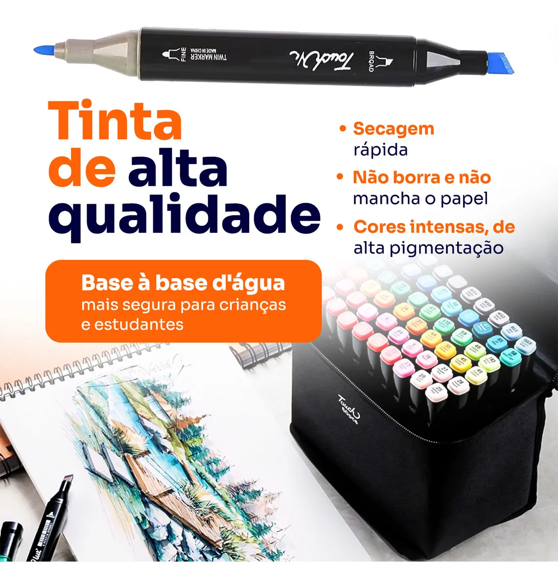 Kit Bobbie Goods 80 Canetas Touch Ponta Dupla + Livro Colorir Capa Dura + Bolsa 4