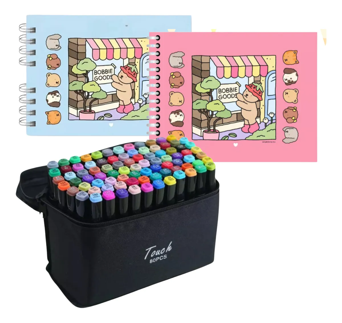 Kit Bobbie Goods 80 Canetas Touch Ponta Dupla + Livro Colorir Capa Dura + Bolsa 1
