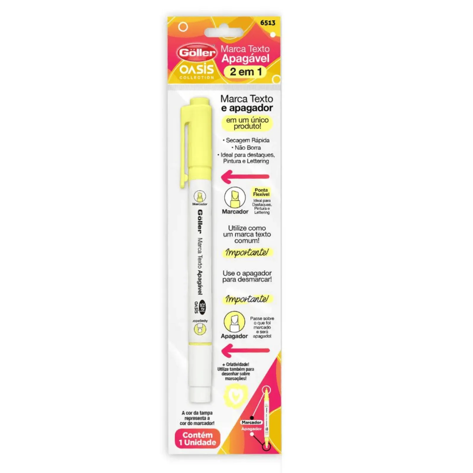 MARCADOR DE TEXTO APAGÁVEL BLISTER 1 UND OASIS Amarelo NEON - Goller 2