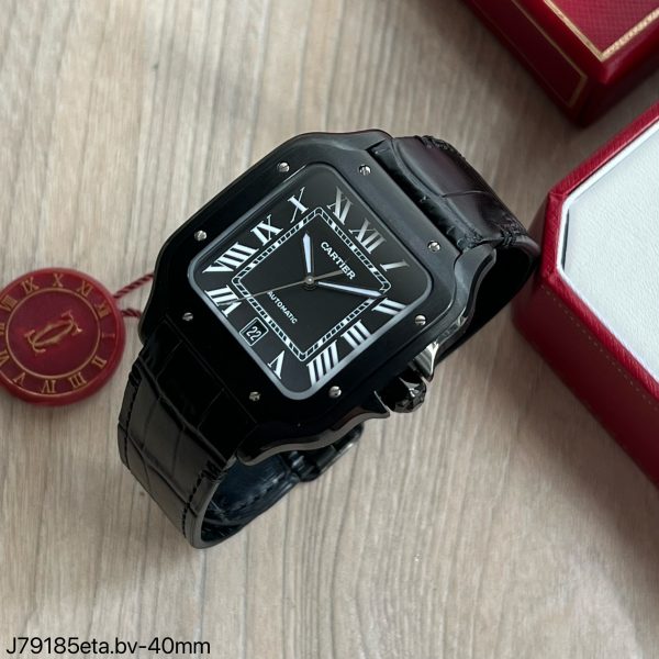 MÁQUINA ETA – CARTIER SANTOS PRATA PRETO COURO 40MM 1