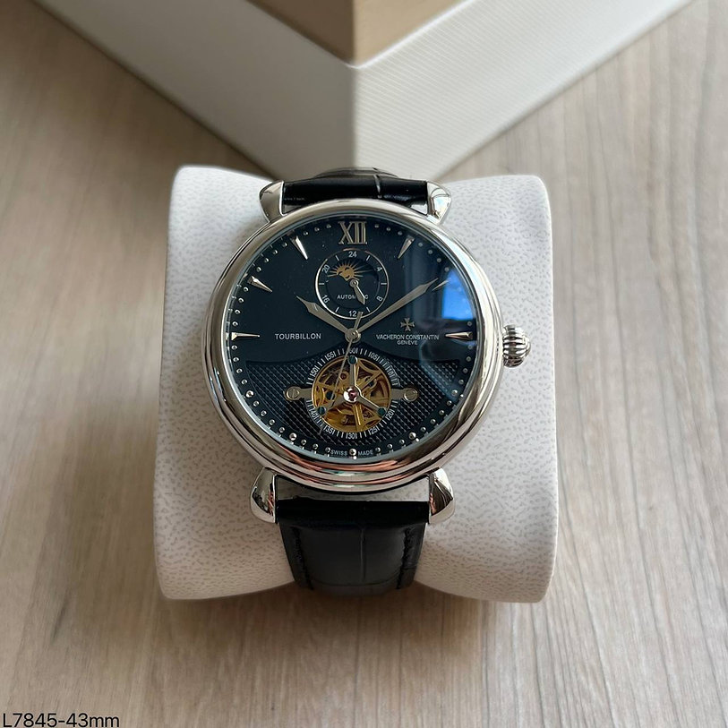 VACHERON CONSTANTIN AUTOMÁTICO PRATA PRETO COURO  45M 1