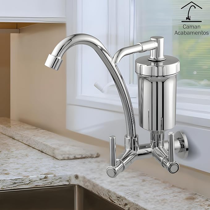 Torneira Bica Móvel Parede Para Cozinha Bica Alta Com Filtro 1/4 De Volta Cromado 3