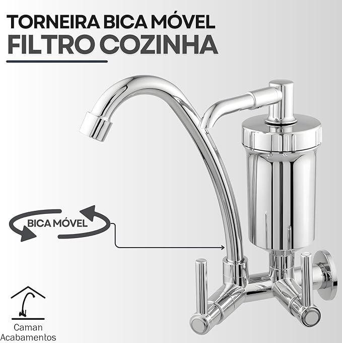 Torneira Bica Móvel Parede Para Cozinha Bica Alta Com Filtro 1/4 De Volta Cromado 2