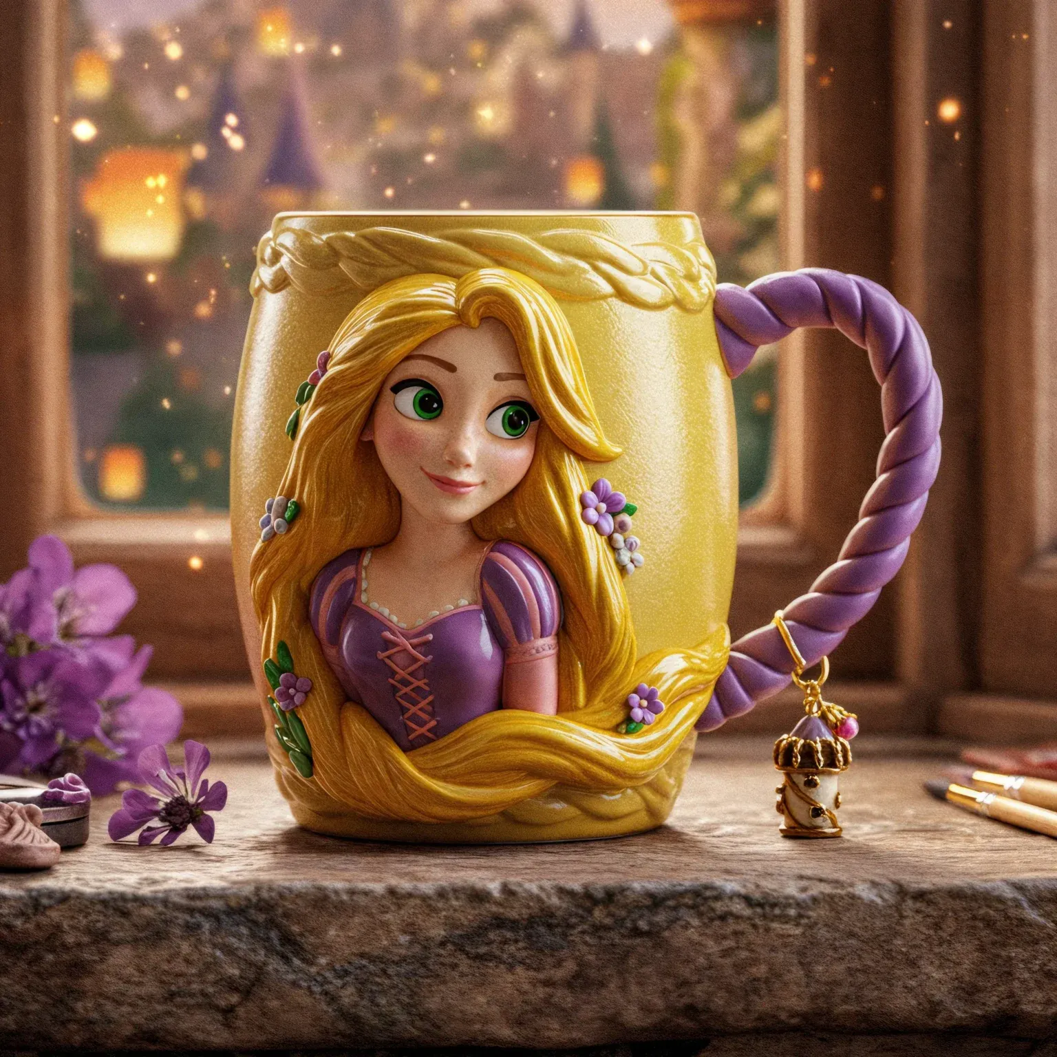 💛 Caneca Rapunzel Real + Pingente Sonhos Iluminados 500ml  1