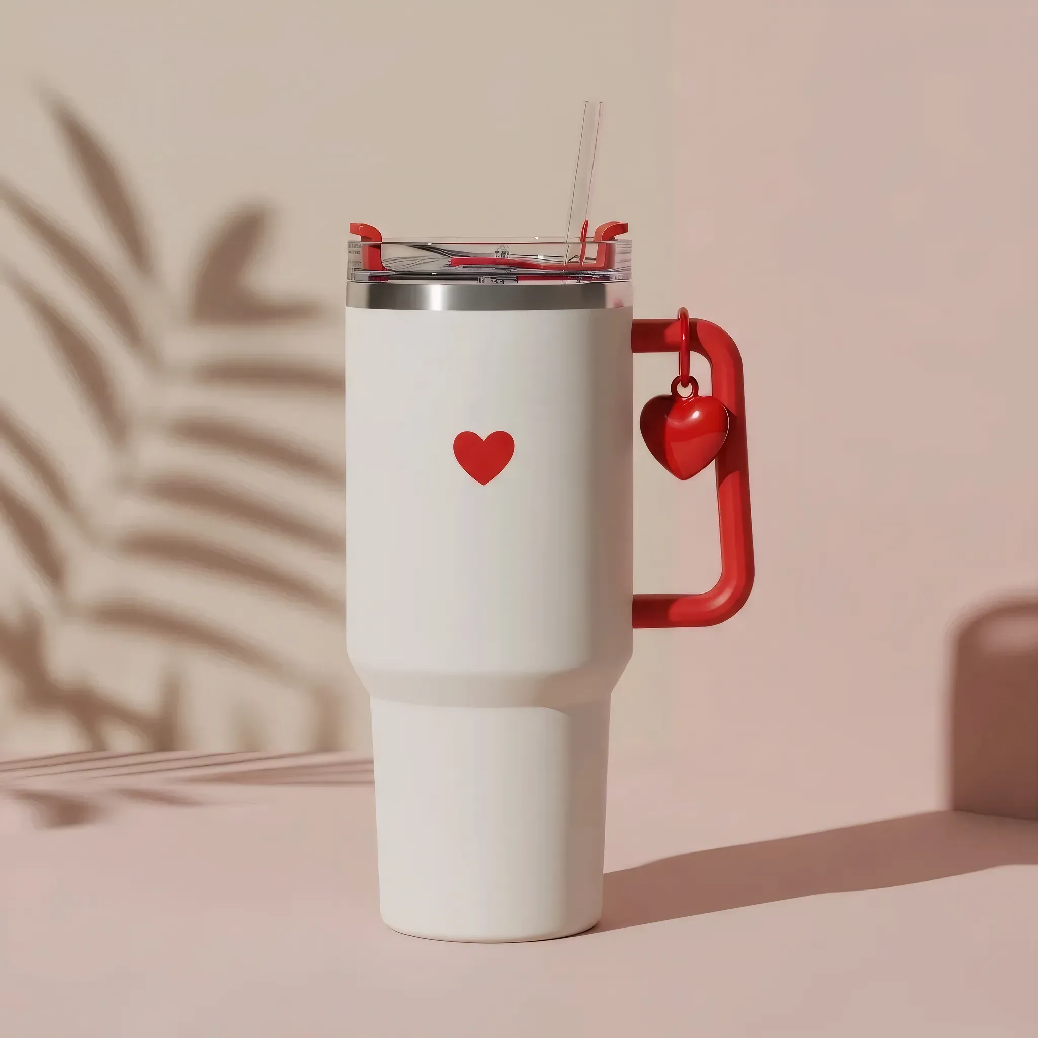 ❤️ Copo Térmico Coração Minimalista Branco e Vermelho 1,15 L + Pingente Brinde  1