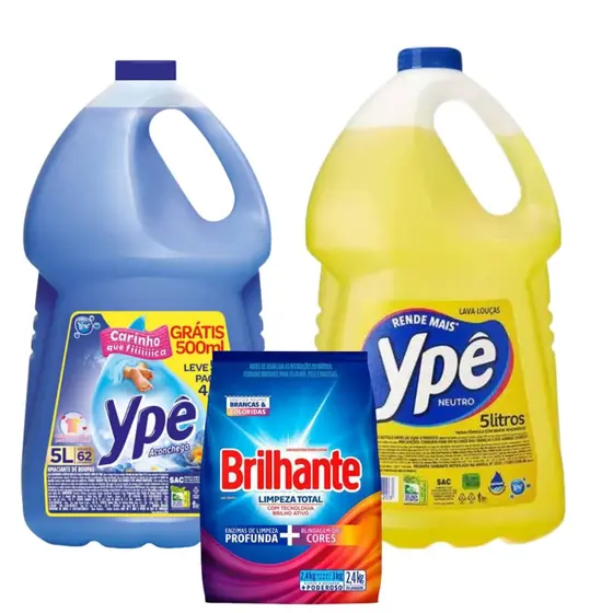 KIt Detergente Ype 5L + Amaciante de roupas 5L + Sabão Brilhante 2.4kg - Ypê 1
