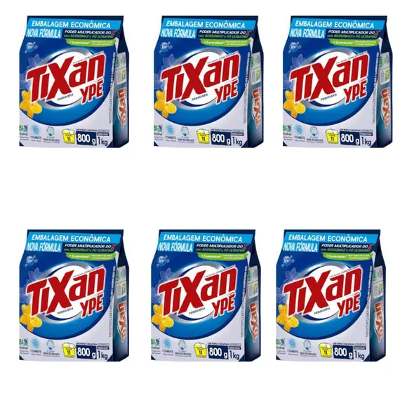 Kit 06 Pacotes Sabão em Pó Tixan Ypê 800 gramas cada lava Roupas 1