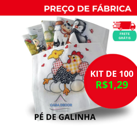 100UN. Pano de Prato Bainha Pé de Galinha Branco estampado 1
