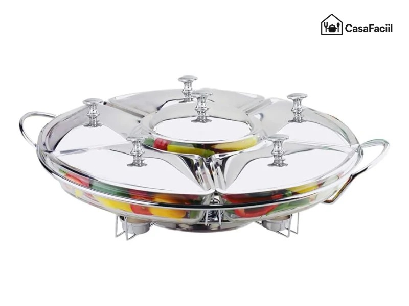Rechaud Giratório Com 6 Compartimentos Aço Inox E Vidro  1