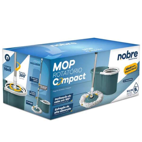 Conjunto Mop Rotatorio Compact (Balde 9L Cesto Plastico e 1 refis, Rotary Mop) Azul Petroleo - Nobre 5