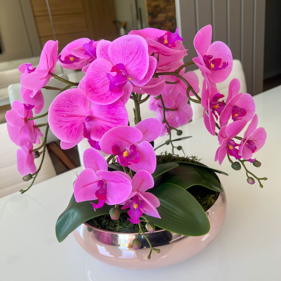 ARRANJO DE ORQUÍDEA ROSA COM VASO DE VIDRO ROSÊ GOLD 2