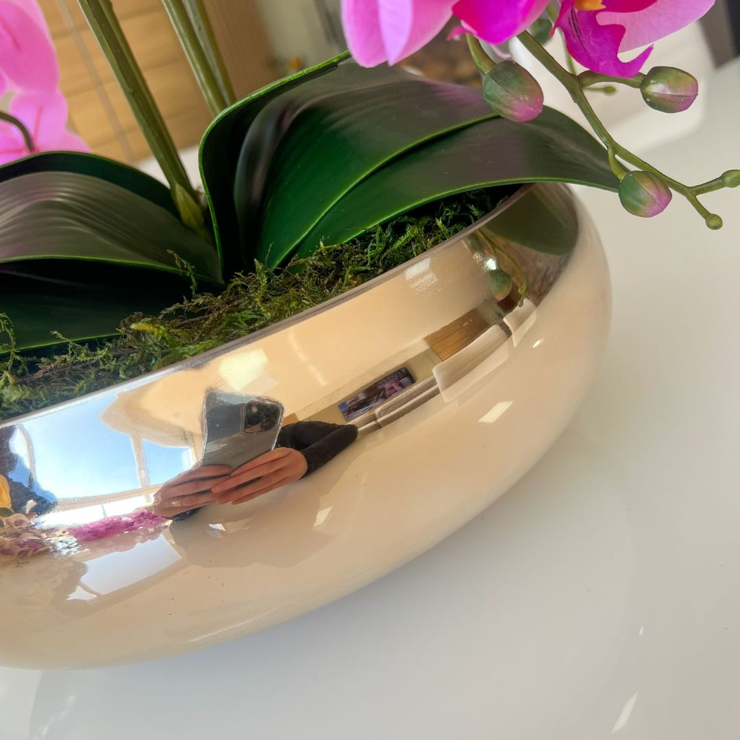 ARRANJO DE ORQUÍDEA ROSA COM VASO DE VIDRO DOURADO GOLD 3