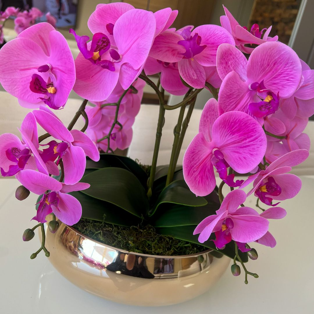 ARRANJO DE ORQUÍDEA ROSA COM VASO DE VIDRO DOURADO GOLD 2