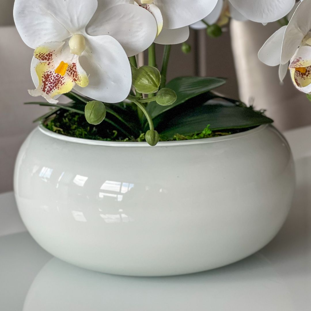 ARRANJO DE ORQUÍDEA BRANCA KATIA COM VASO DE VIDRO BRANCO FERNANDA 22 CM  3