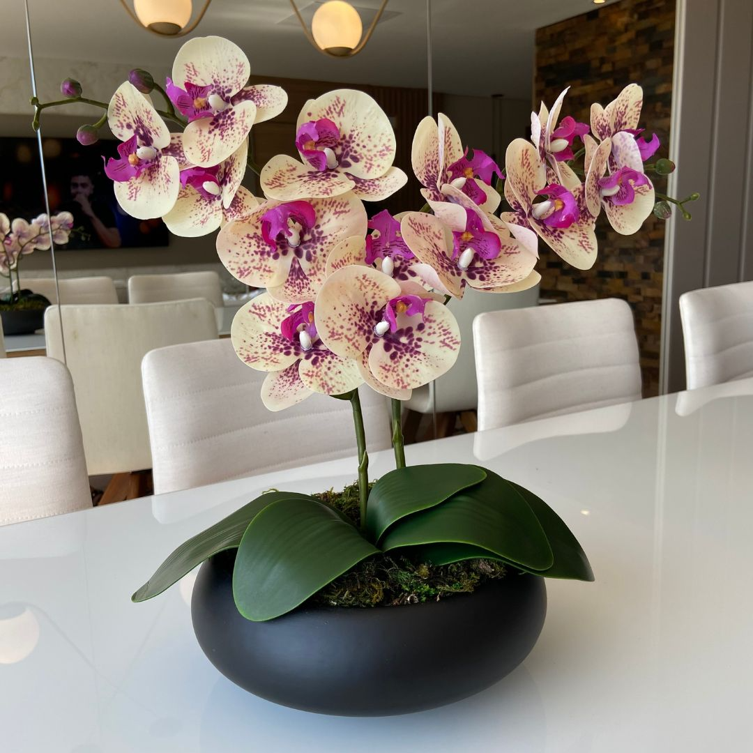 ARRANJO DE ORQUÍDEA MISTA COM VASO DE CERÂMICA PRETO CLARA 1