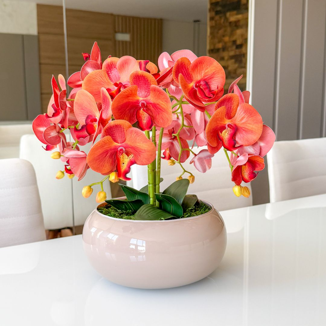 ARRANJO DE ORQUÍDEA LARANJA COM VASO DE VIDRO FENDI FERNANDA 22 CM 1