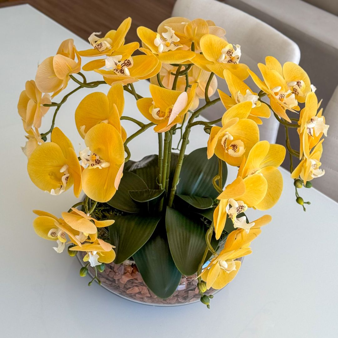 ARRANJO DE ORQUÍDEA AMARELA COM VASO DE VIDRO INCOLOR BEATRIZ 2