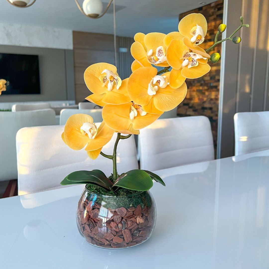 ARRANJO DE ORQUÍDEA AMARELA VASO DE VIDRO INCOLOR LUIS 1