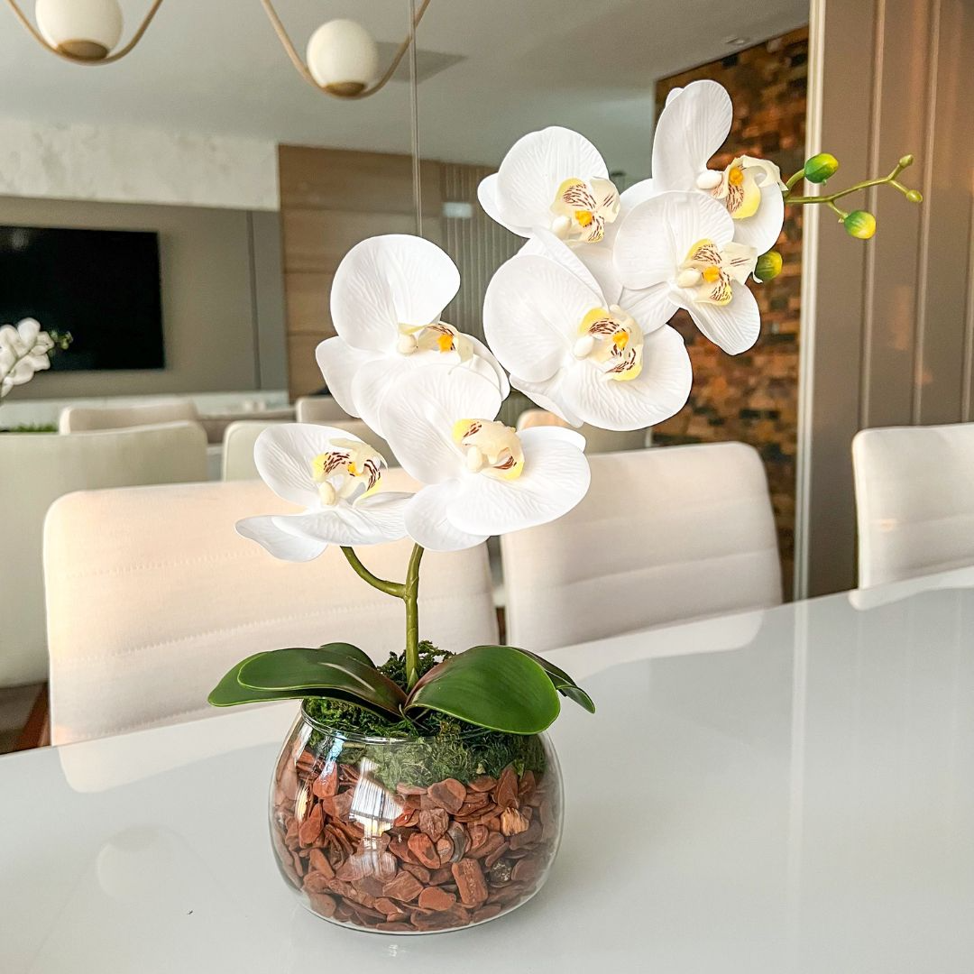ARRANJO DE ORQUÍDEA BRANCA VASO DE VIDRO INCOLOR LUIS 1