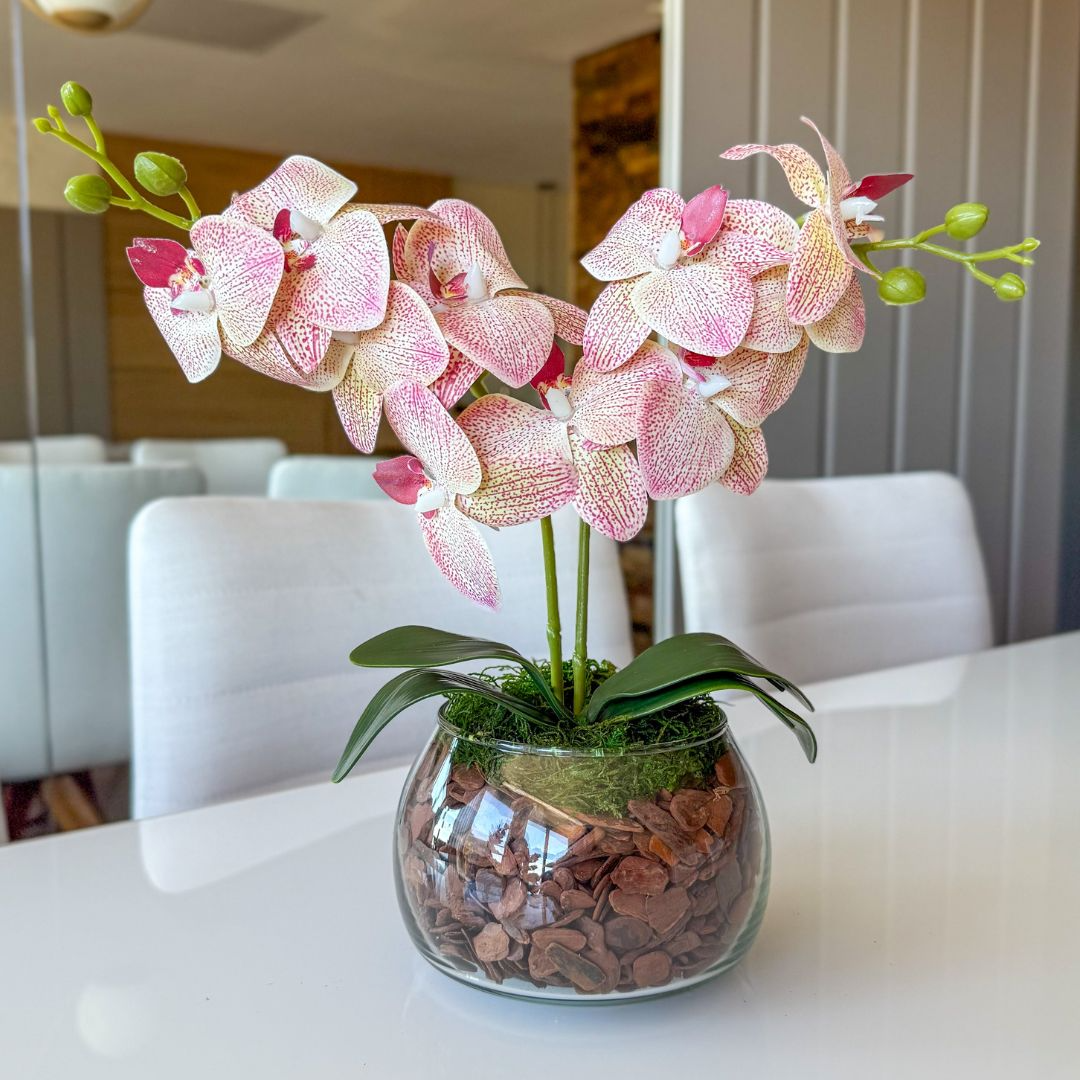 ARRANJO DE MINI ORQUÍDEA ROSA MISTA ELENA VASO DE VIDRO INCOLOR LUIS 1