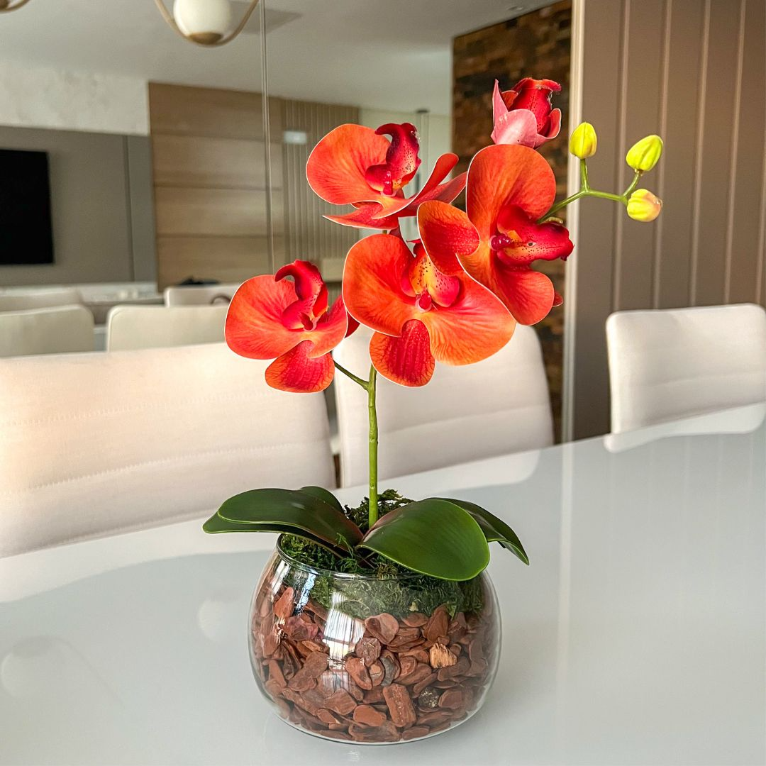 ARRANJO DE ORQUÍDEA LARANJA VASO DE VIDRO INCOLOR LUIS 1