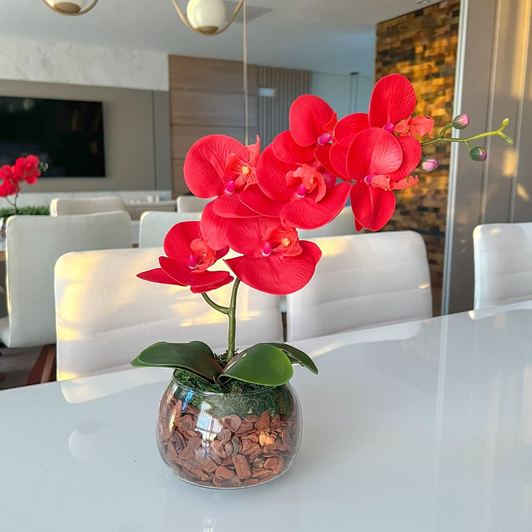 ARRANJO DE ORQUÍDEA VERMELHA VASO DE VIDRO INCOLOR LUIS 1