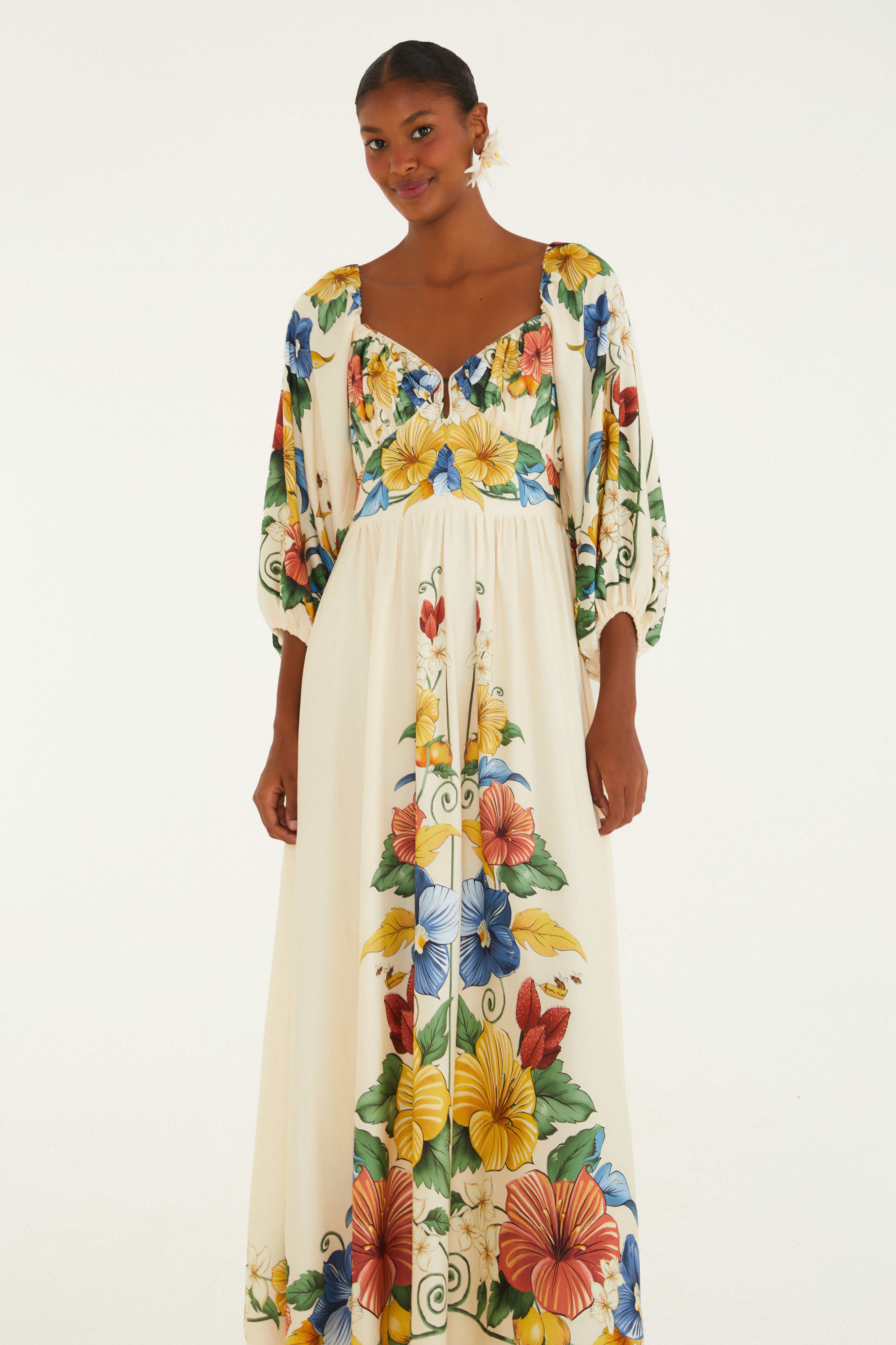 Vestido Longo Manga Estampado Tropicalzinho Lenço 2