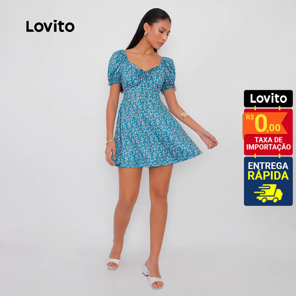 Lovito Vestido Feminino Curto com Manga Curta e Estampa 2