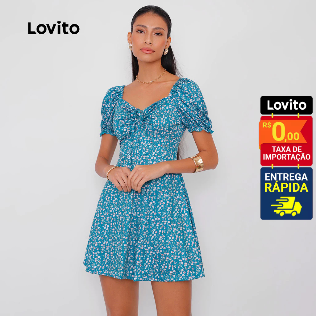 Lovito Vestido Feminino Curto com Manga Curta e Estampa 1