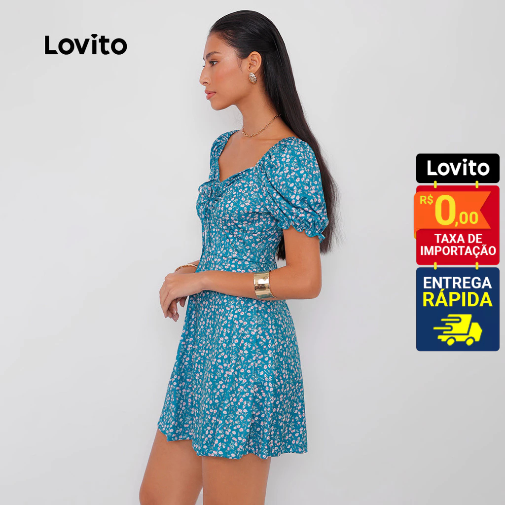 Lovito Vestido Feminino Curto com Manga Curta e Estampa 3
