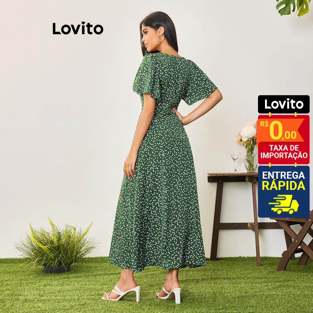 Lovito Vestido Feminino Midi Estampado Botões Frente 3