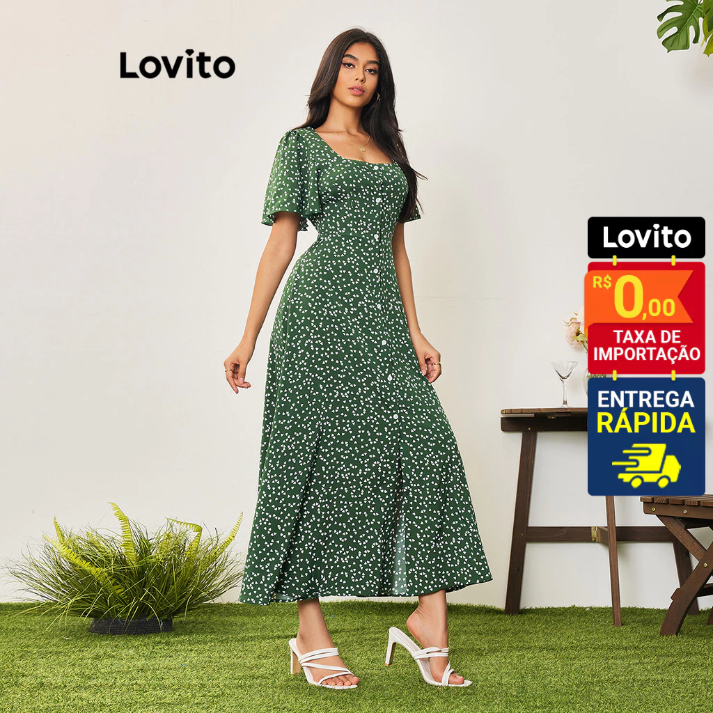 Lovito Vestido Feminino Midi Estampado Botões Frente 2