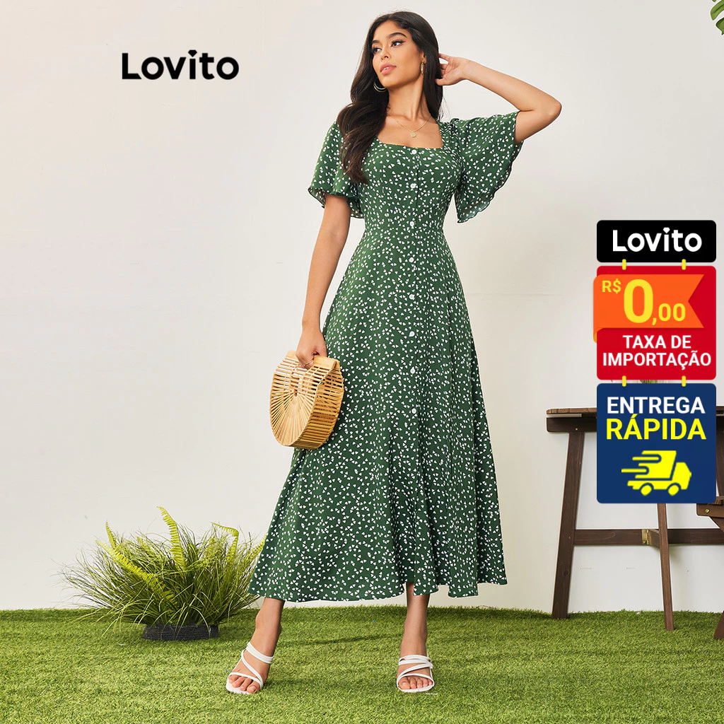 Lovito Vestido Feminino Midi Estampado Botões Frente 1