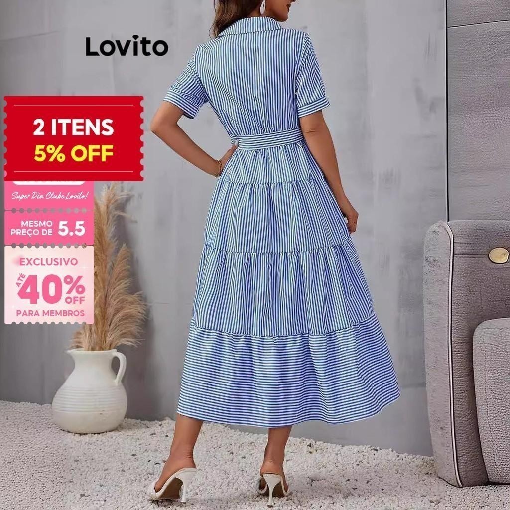 Lovito Vestido Casual Listrado Com Botão Frontal E Cinto 2