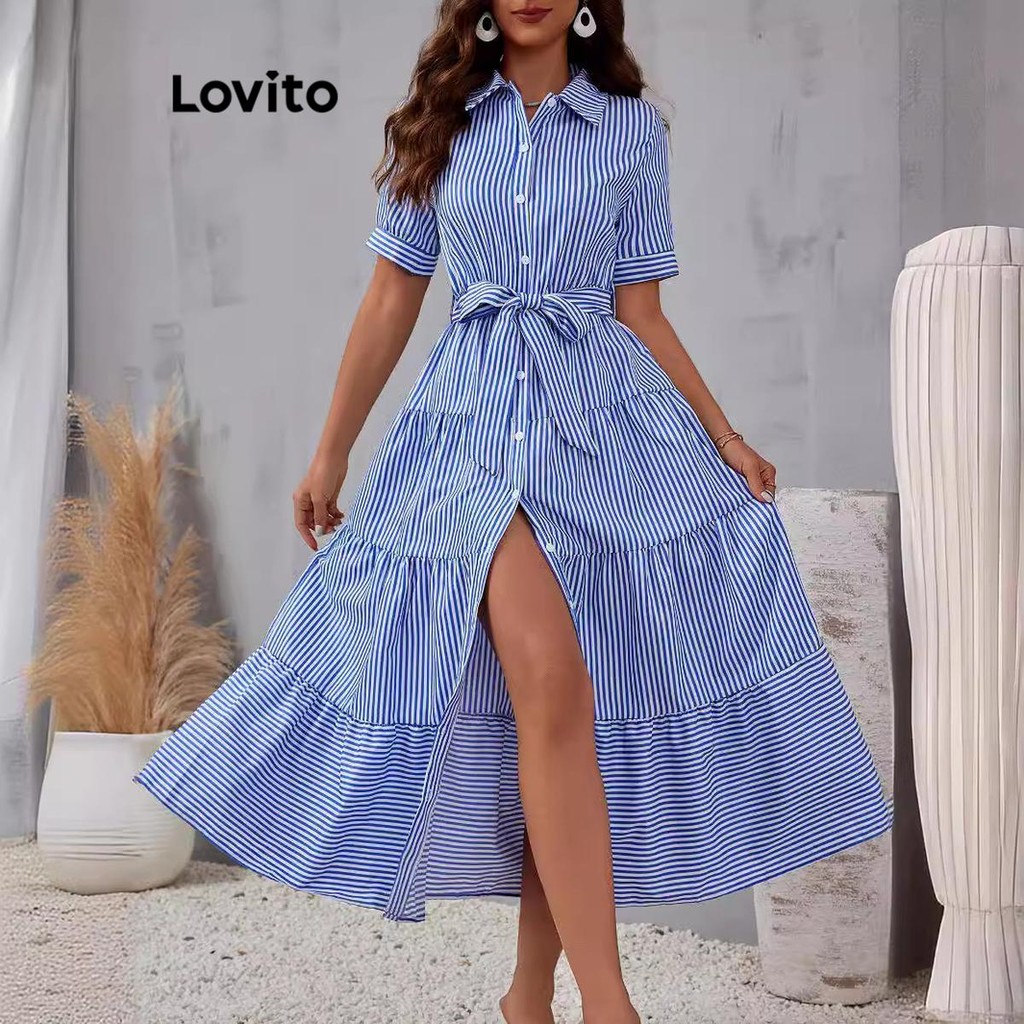 Lovito Vestido Casual Listrado Com Botão Frontal E Cinto 1