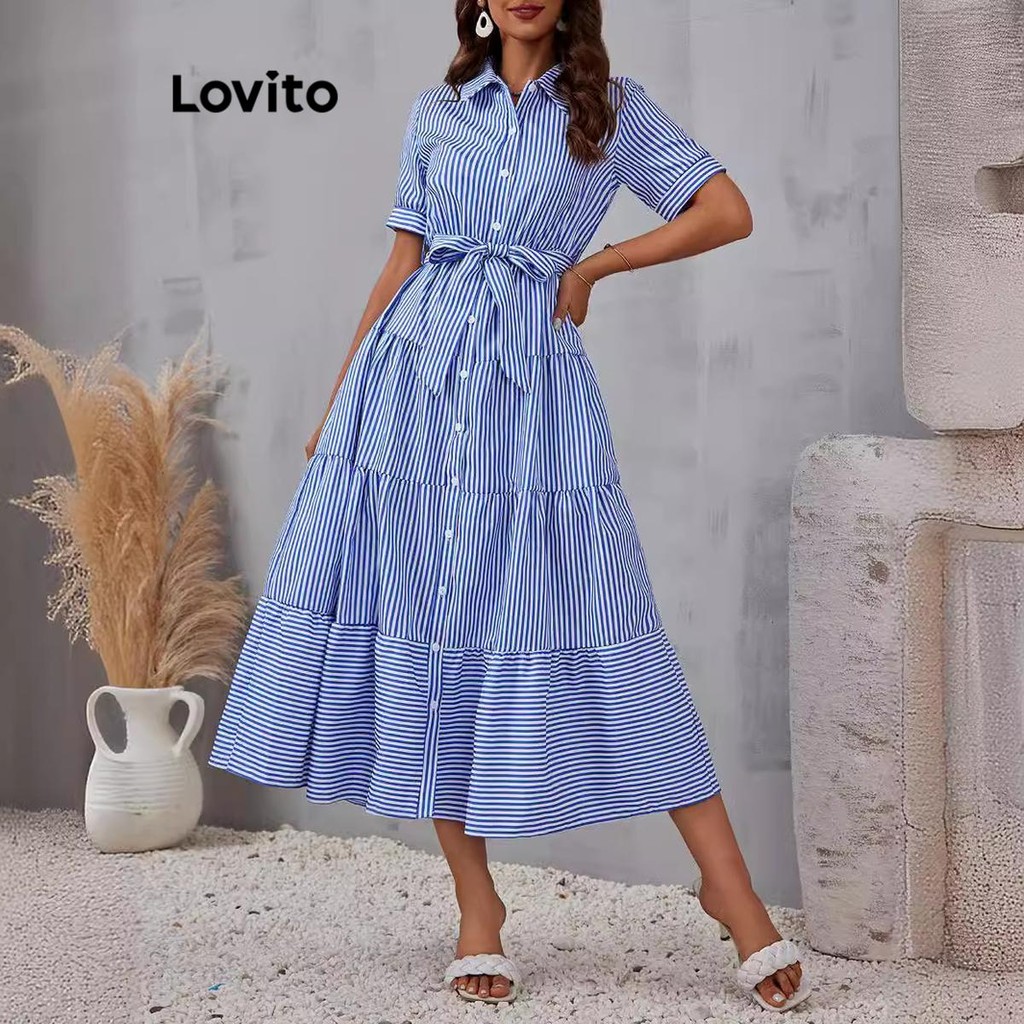 Lovito Vestido Casual Listrado Com Botão Frontal E Cinto 3