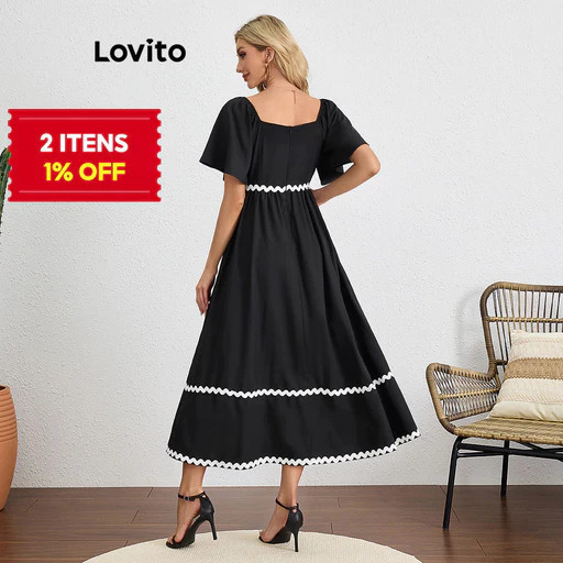 Lovito Vestido Elegante Vestido Liso Com Babados E Fita Contrastante 2