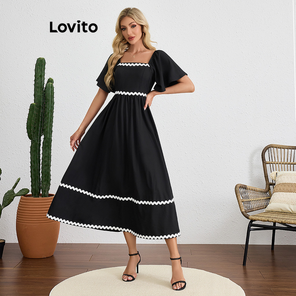Lovito Vestido Elegante Vestido Liso Com Babados E Fita Contrastante 1
