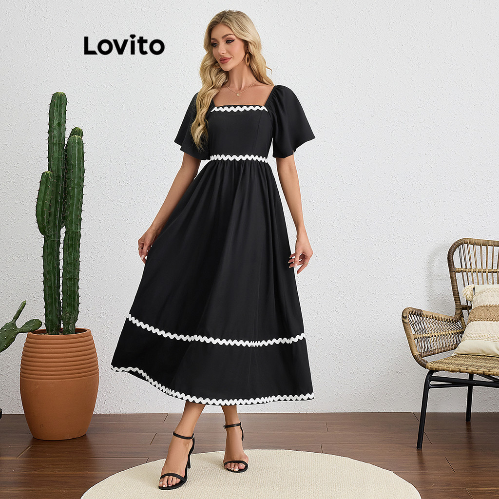 Lovito Vestido Elegante Vestido Liso Com Babados E Fita Contrastante 3