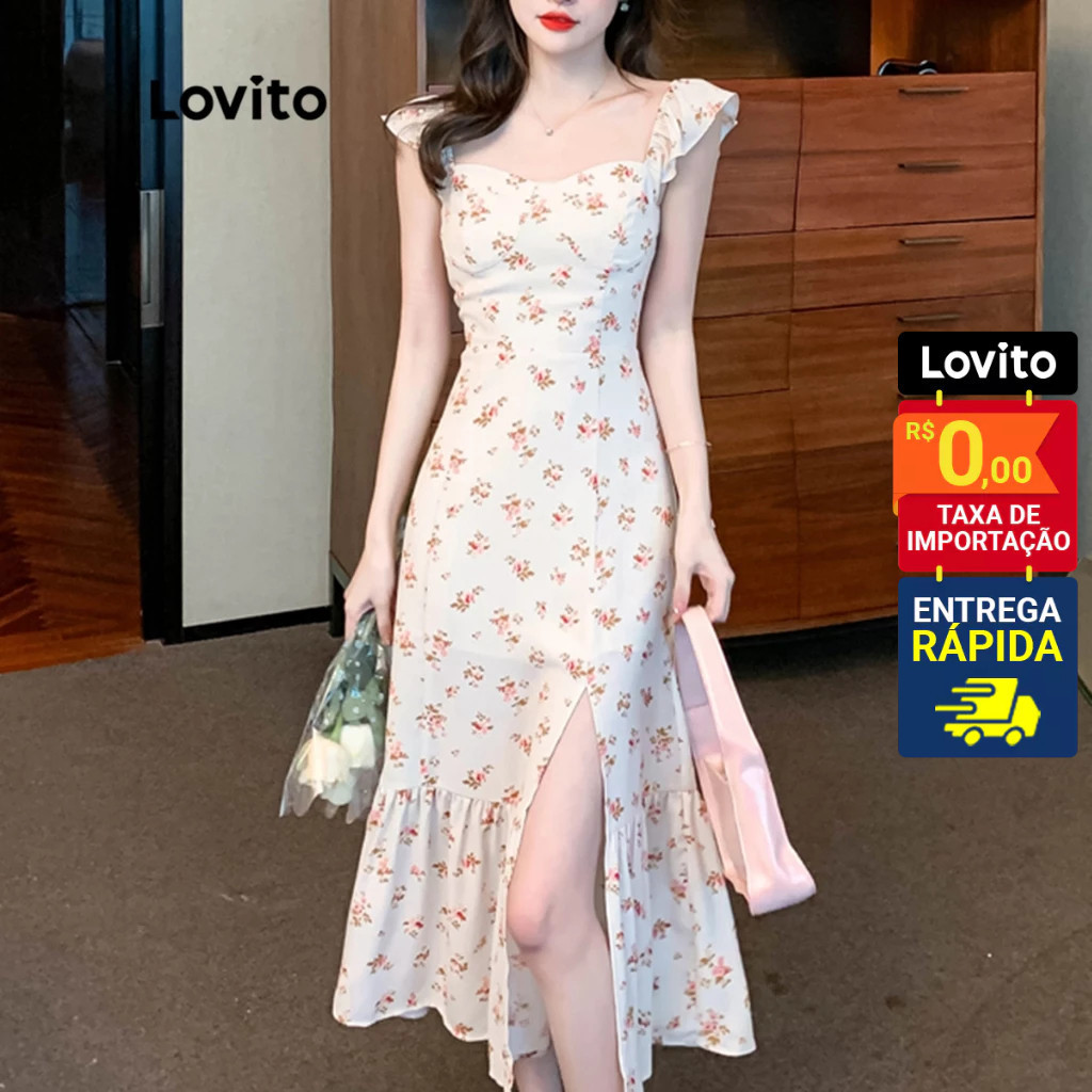 Lovito Vestido Feminino Midi Estampa Floral Fenda 2