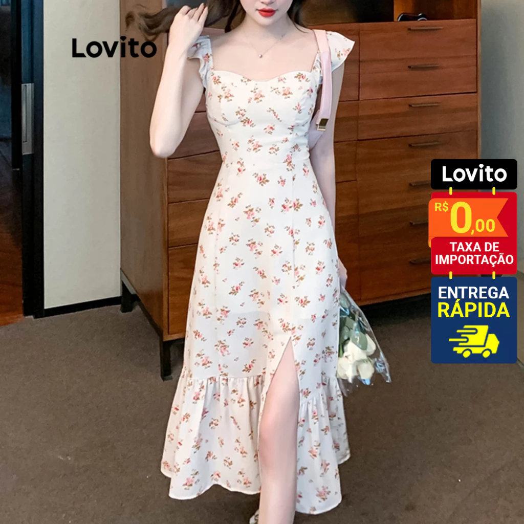 Lovito Vestido Feminino Midi Estampa Floral Fenda 1