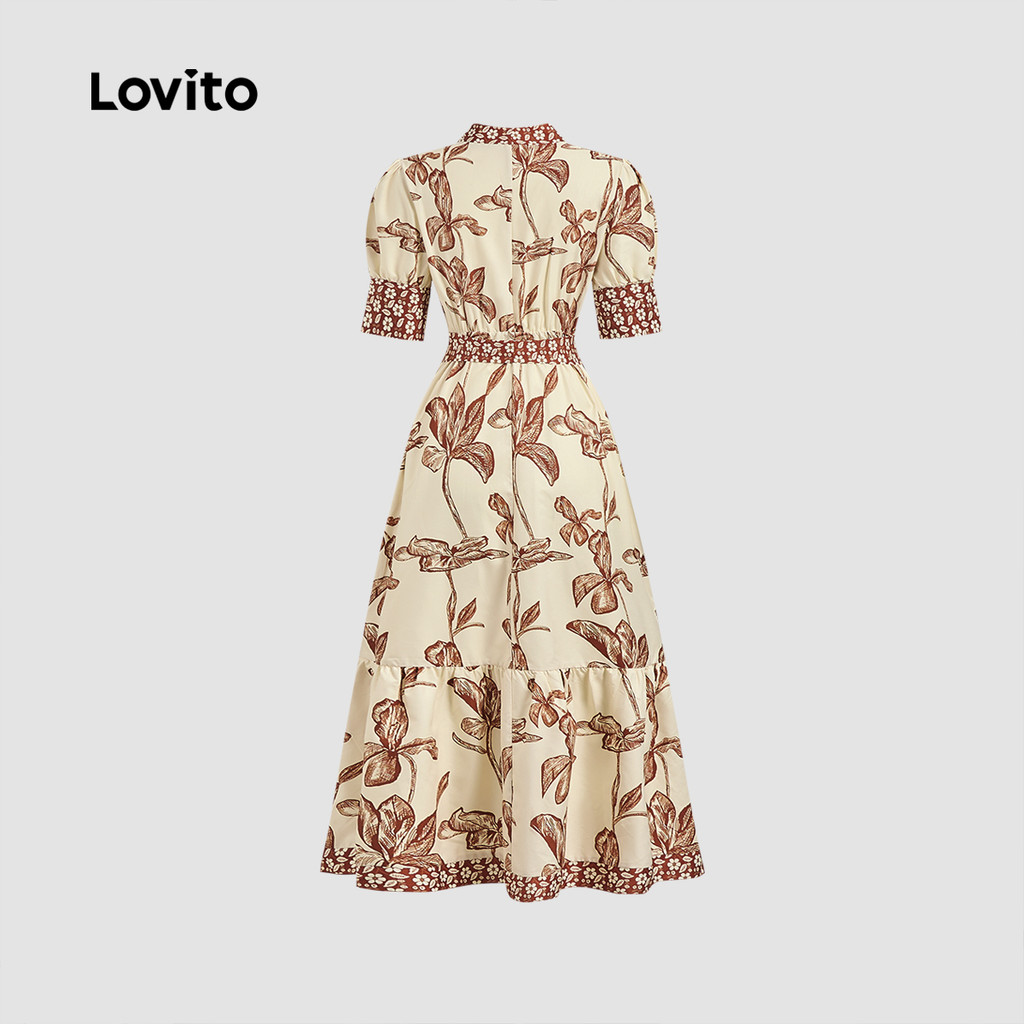 Lovito Elegante Vestido Floral Com Cinto Costura Verão Primavera Marrom 3