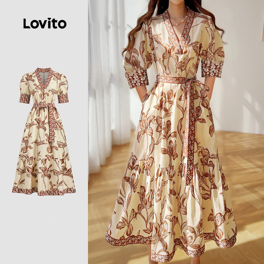 Lovito Elegante Vestido Floral Com Cinto Costura Verão Primavera Marrom 1