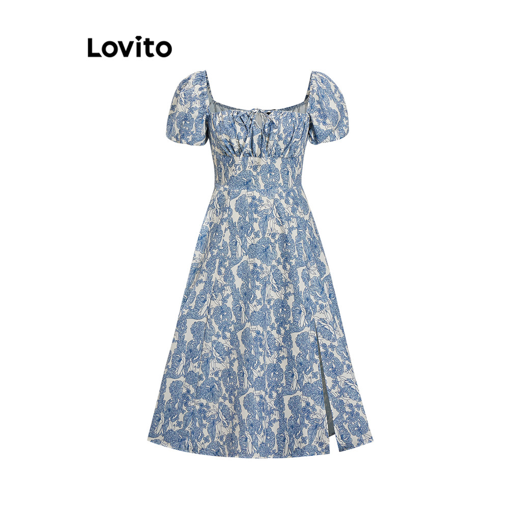 Lovito Vestido De Festa Ditsy Floral Plissado Com Renda Manga Bufante Verão 2