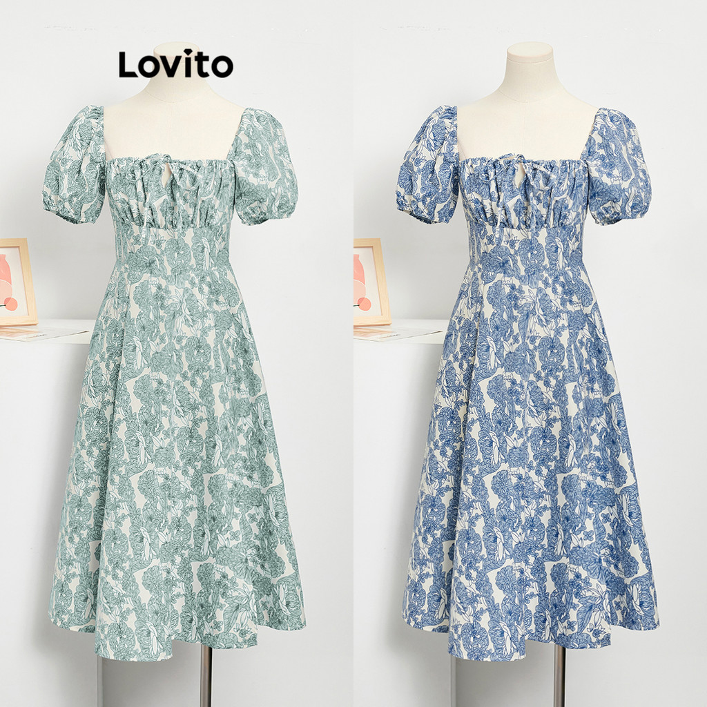 Lovito Vestido De Festa Ditsy Floral Plissado Com Renda Manga Bufante Verão 1