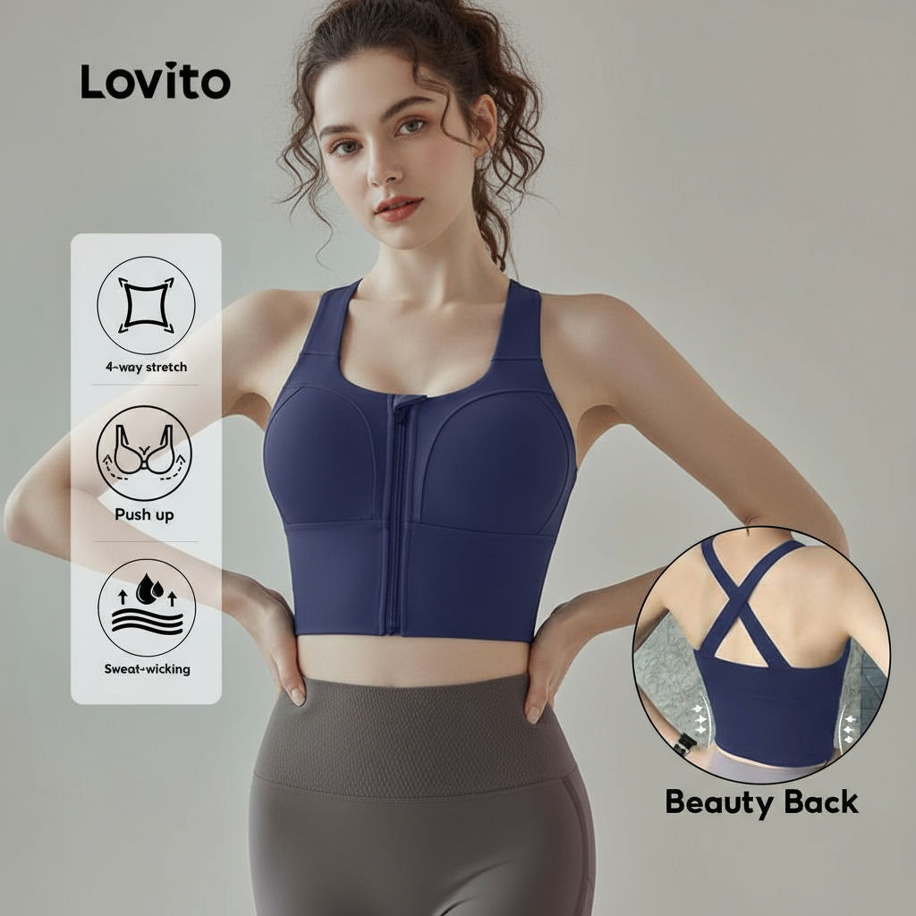 Lovito Sutiãs Esportivos Push Up Alto Impacto Zíper Frontal Fitness 1