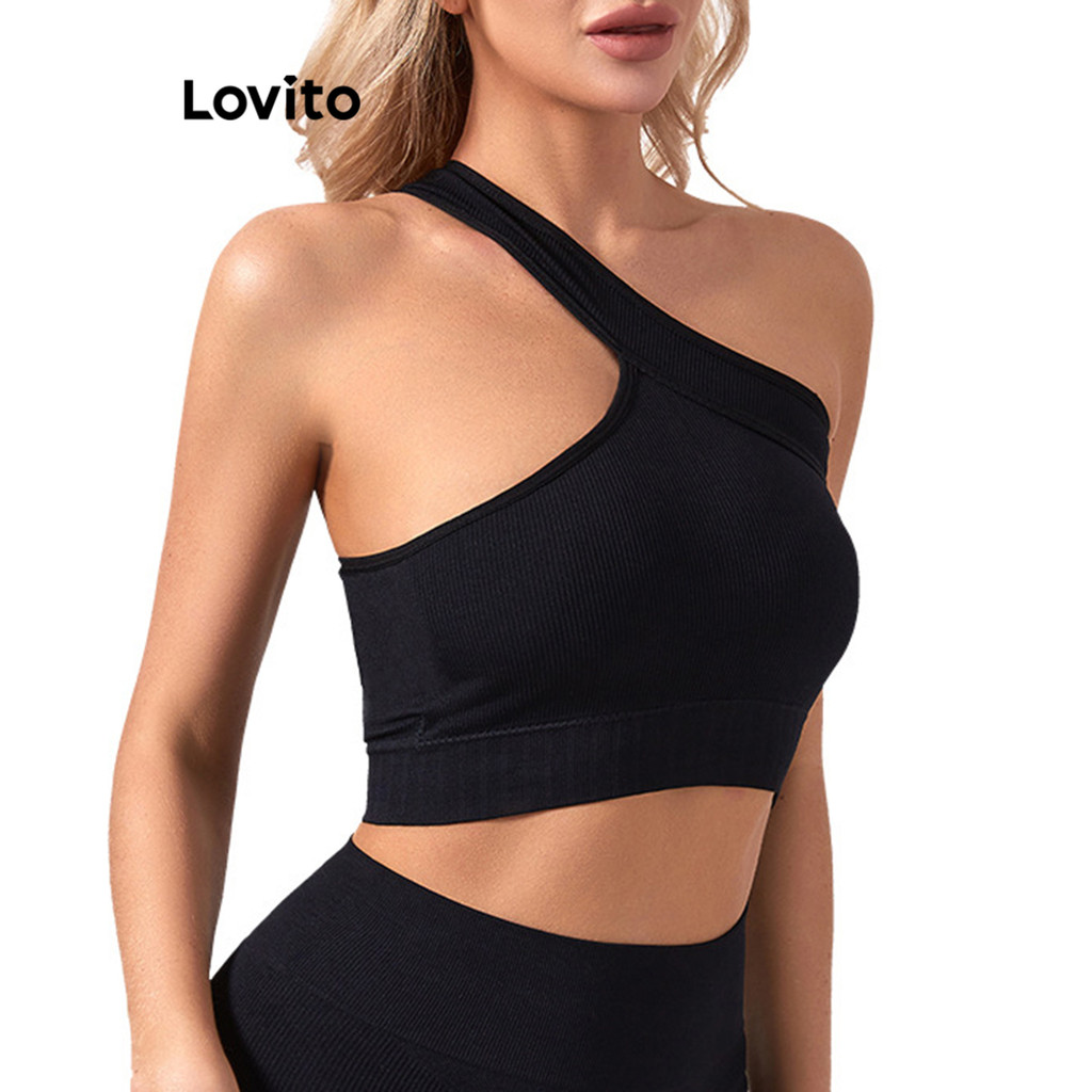 Lovito Esportivo Sutiã Top Feminino Liso Assimétrico com Ombro de Fora 1