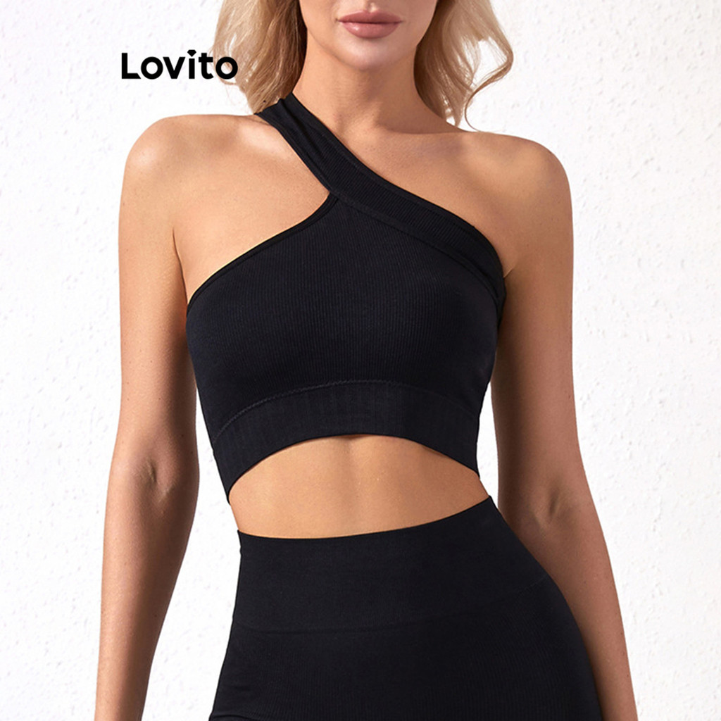 Lovito Esportivo Sutiã Top Feminino Liso Assimétrico com Ombro de Fora 2