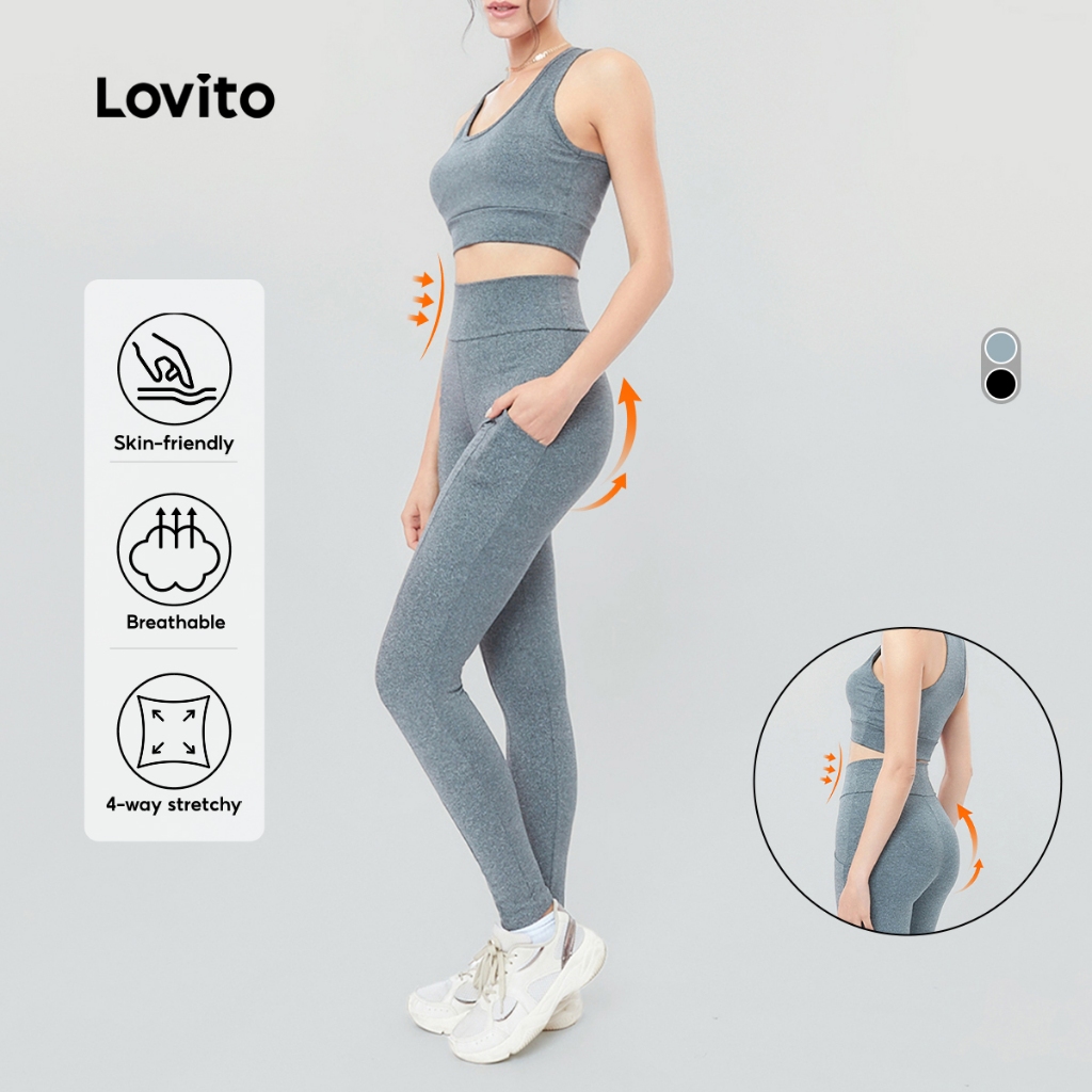 Lovito Conjunto Feminino Esportivo Top e Legging com Bolso 2
