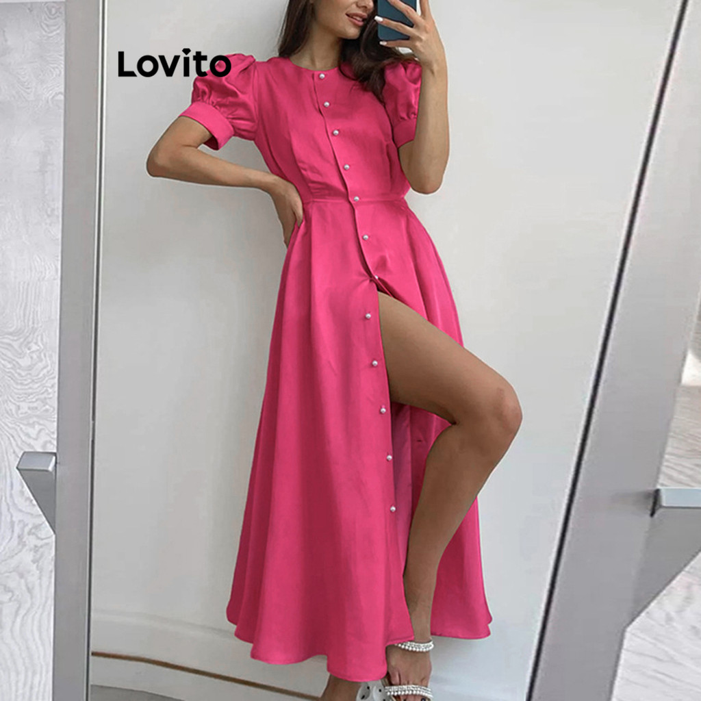 Lovito Vestido Casual Liso Com Botão Dividido Na Frente E Manga Bufante 2